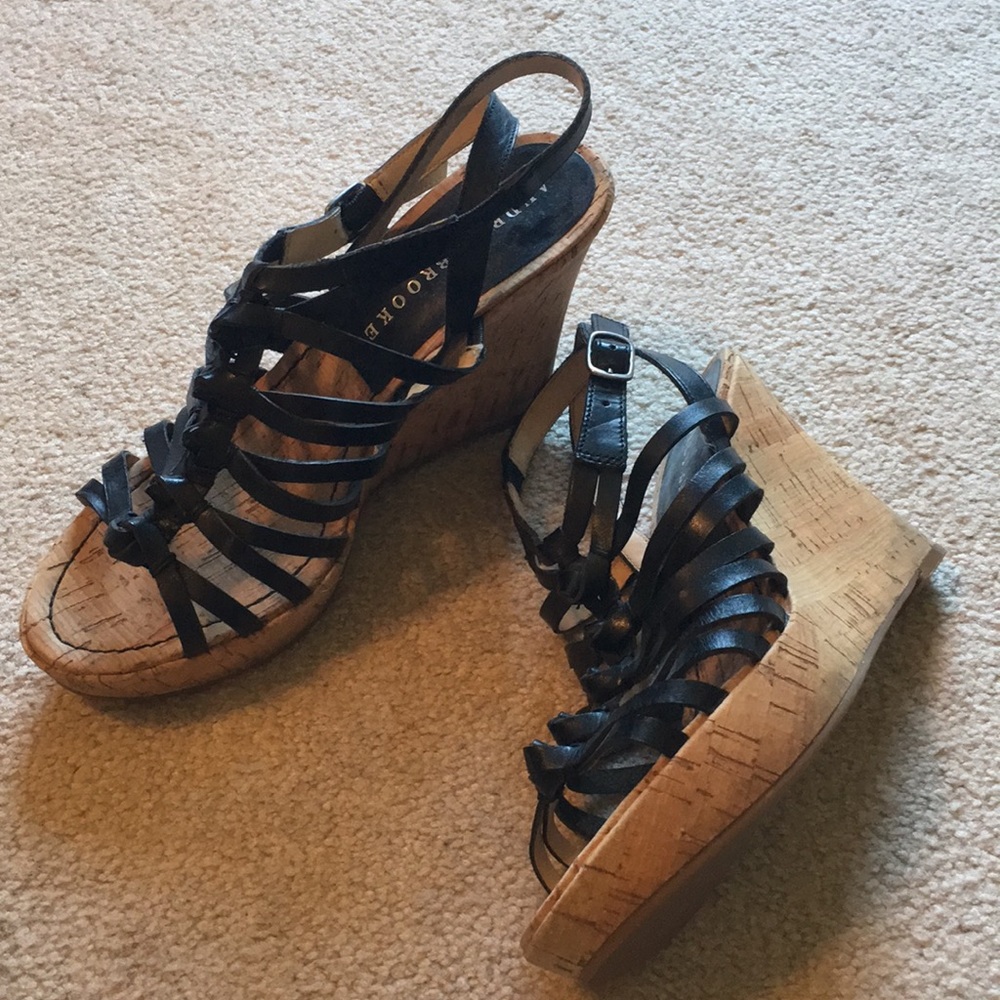 Audrey Brooke Black Leather, Cork Wedge Sandals